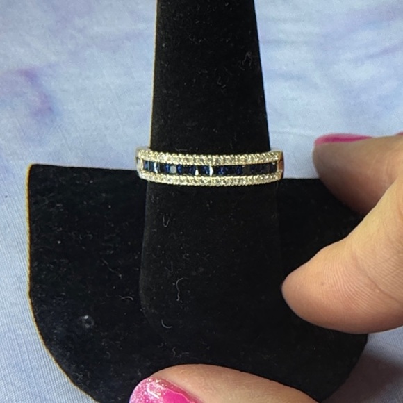 Jewelry - Gold Band Ring with Blue Stones and Pavé Accents 925 Silver